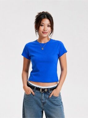 Cyrus Ribbed Crew Crop Baby Tee - Bright Blue